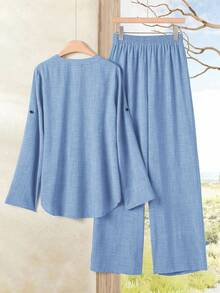 Rusticease Women's Notch V-Neck Rolled Sleeve Casual Fabric Shirt And Wide Leg Pants Set - Blue - View 5
