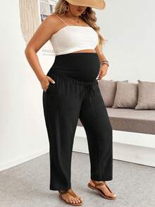Plussiva Plus Size Maternity Adjustable Waist Casual Long Pants - Black - View 3
