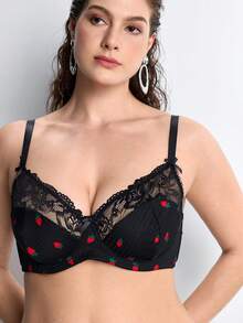 Slumbrini 1 Conjunto de lencería para mujer de talla grande con estampado de fresa sólido, adorno de lazo y encaje, cómodo - Negro - Ver 7