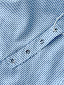 Maweii Conjunto de 2 piezas para mujer talla grande con rayas finas azul & blanco (camisa larga + pantalones de pierna ancha), estilo casual para ir al trabajo, cuello de solapa, fruncido con cordón, cierre elegante de botones de una sola - Azul y blanco - Ver 7