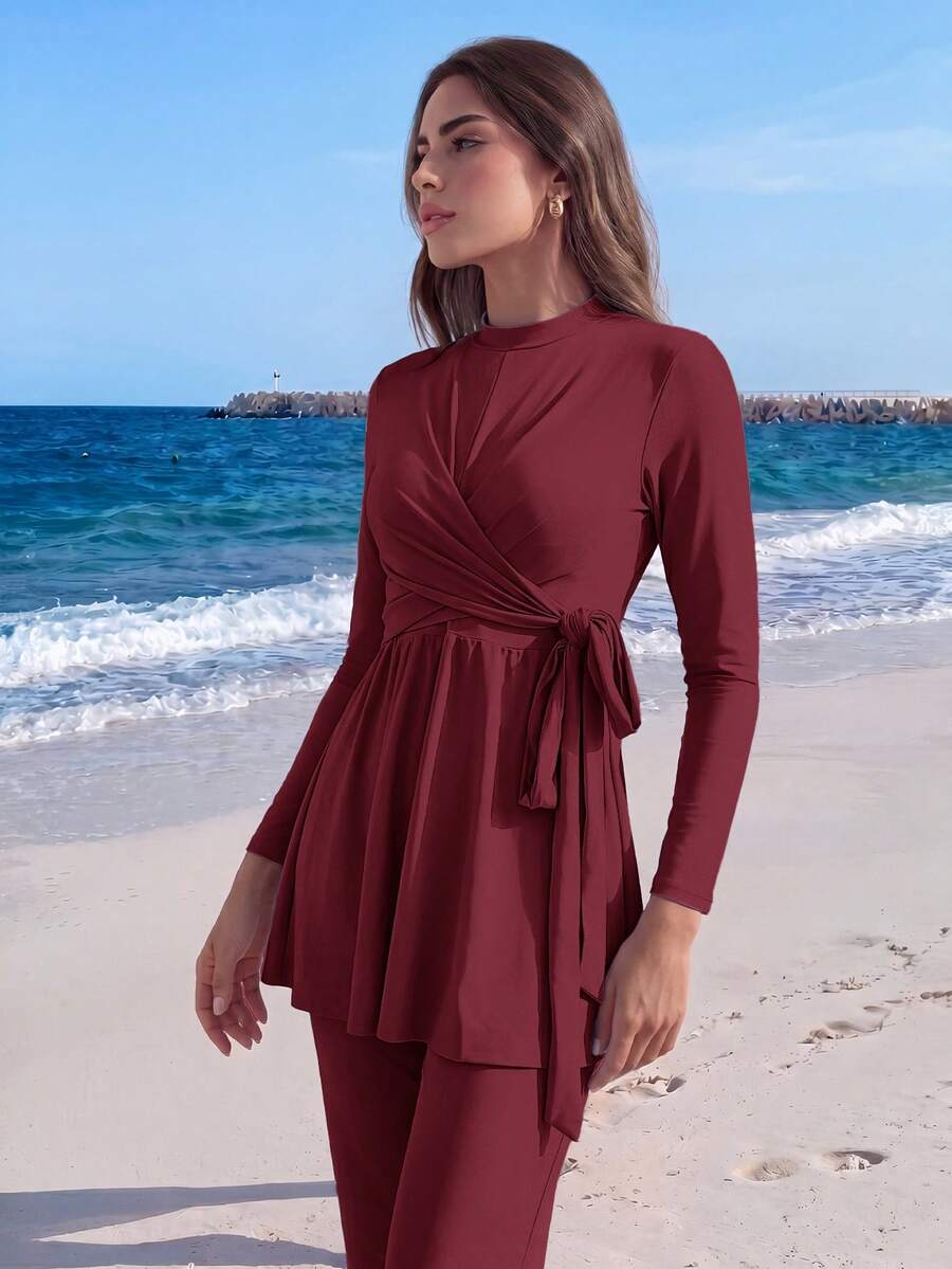 Veilorie Women's Solid Color Fabric Burkini Set For Vacation And Beach Burgundy Summer Modest - Burgundy - View 1
