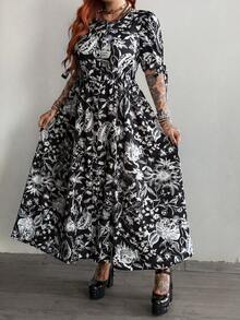 Whyspr Plus Size Spring/Summer Punk Vintage Butterfly Print Vacation Dress - Black - View 3