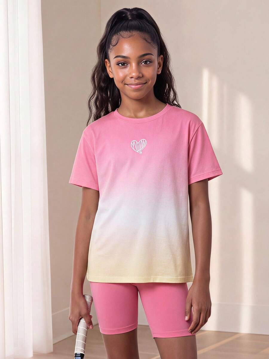 SHEIN Set Pakaian Anak Perempuan Remaja 2 Potong: Kerah Bulat Blok Warna Gradien, Lucu, Sekolah, Kembali ke Sekolah - Hot Pink - View 1