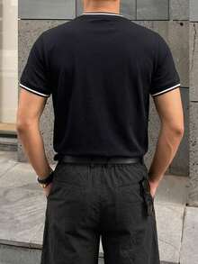 DAZY Short Sleeve Black Fabric With Contrast Ribbed Trim Men's T-Shirt - Black - View 2