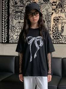 Dazy Kids Tween Girl Bow Pattern Print Lace Patchwork Round Neck T-Shirt - Black - View 4