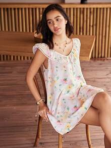 Lullawish Bohemian Vacation Style Romantic Floral Home Lace Patchwork Ruffle Trim Mini A-Line Women's Nightgown - Multicolor - View 3