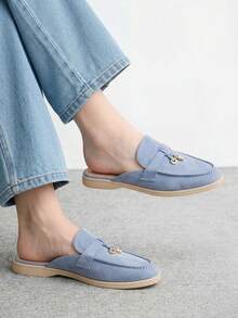 CUCCOO BIZCHIC 時尚藍色麂皮舒適通勤女款平底穆勒鞋女款平底鞋拖鞋適合戶外購物和工作，日常百搭平底女鞋 - 霧霾藍 - 查看 2