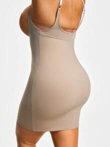 SHAPORA 1pc Plus Size Women Solid Color Low Cut Bodycon Dress - Apricot - View 6