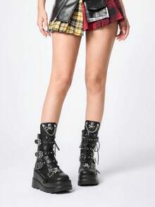 ROMWE Grunge Punk Women Heeled Sandals Punk Style Dark PU Riveted Platform Riding Boots Women Small Height Goth Metal Handsome Locomotive Boots Babes Fried Street Small Boots - Black - View 2