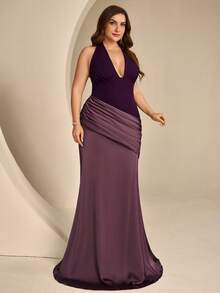 Coutiva Vestido de Noche Formal de Talla Grande con Bloques de Color, Patchwork, Espalda Descubierta, Cuello Halter y Corte de Sirena - Rojo violeta - Ver 4