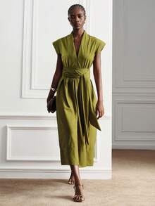 Aveloria Modichic Women's Dress Slim A-Line Midi Deep V Neck Tie Waist Cap Sleeve Pleated Elegant Minimalist Vintage Olive Green For Party Brunch Office Garden Summer - Olive Green - View 1