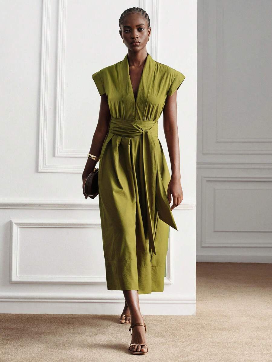 Aveloria Modichic Women's Dress Slim A-Line Midi Deep V Neck Tie Waist Cap Sleeve Pleated Elegant Minimalist Vintage Olive Green For Party Brunch Office Garden Summer - Olive Green - View 1