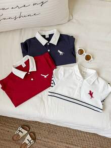 SHEIN 買2送1，兒童小男孩，小男孩3件組秋冬時尚學院風POLO衫多件裝 - 彩色 - 查看 5