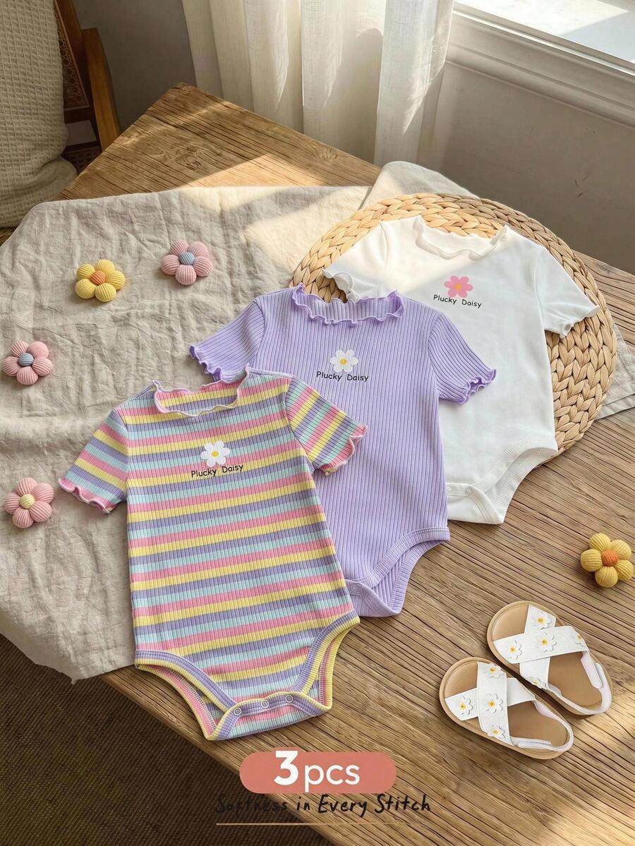 Cozy Pixies Conjunto de 3 peças para bebê menina com body de manga curta, gola redonda e estampa floral e listrada em arco-íris. - Multicolorido - Ver 1