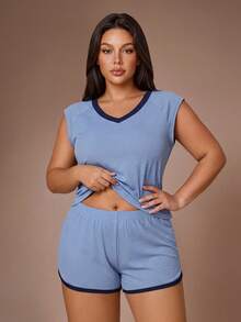Lazeform Einfarbiges Kontrast-V-Ausschnitt Kurzarm-Shorts Große Größen Pyjama-Set - Blau - Übersicht 4
