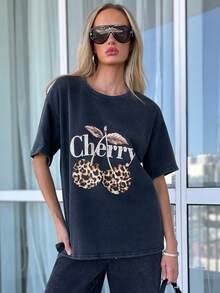 Brooke Lily Casual Minimalist Leopard Print & Cherry Pattern Graphic Tee For Women Summer - Multicolor - View 1