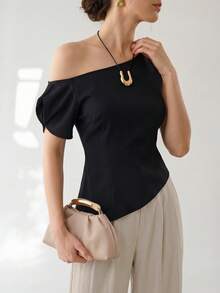 SHEIN PariChic Camicia casual versatile da donna con collo asimmetrico e tinta unita, adatta per l'uso quotidiano - nero - Visualizzare 6