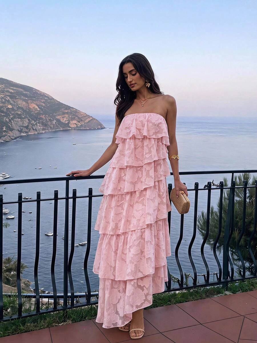 Silquee Elegant Romantic Pink Jacquard Dress With Multi-Layered Asymmetrical Ruffled Hem. Suitable For Party Vacation Wedding Dresses And Graduation Summer - Pink - View 1