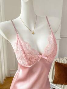 Moireta Lace Patchwork Sexy Open Back Faux Silk Camisole Nightgown For Women - Pink - View 6