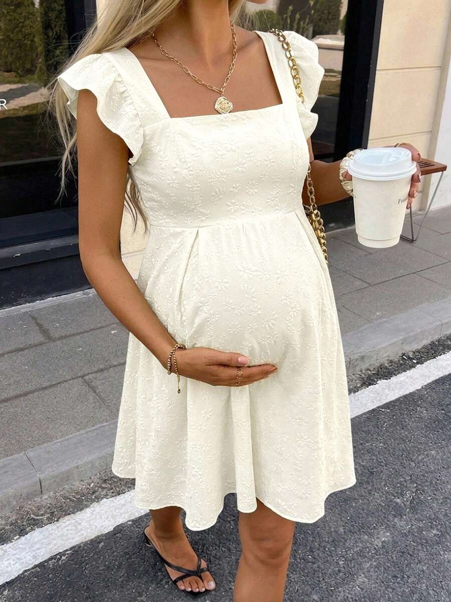 Lyckli 提花方領飄逸袖優雅孕婦洋裝 - 杏色 - 查看 1
