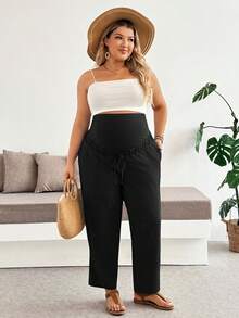 Plussiva Plus Size Maternity Adjustable Waist Casual Long Pants - Black - View 4