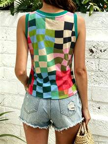 EMERY ROSE Camiseta sin mangas con diseño de bloques de color e impresión digital para mujer, para caminar casualmente - Multicolor - Ver 2