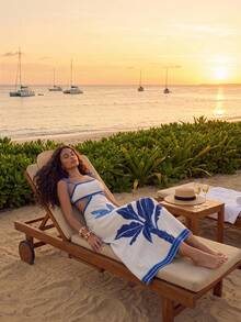 CAJUNI Vacation Casual Coconut Tree Print Tie Back Open Back Spaghetti Strap Dress - Blue and White - View 3