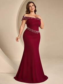 Coutiva Vestido de Noche Formal de Sirena con Decoración de Cuentas y Strass Talla Grande - Burdeos - Ver 4