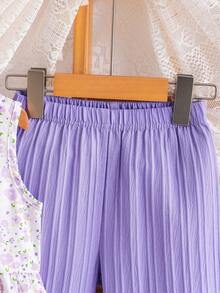 SHEIN Elladie kids 女童新款清新田園風細碎花兩件套，粉色蝴蝶結裝飾無袖背心上衣 + 粉色紋理布料寬腿長褲，甜美可愛時尚日常穿搭，夏季 - 紫色 - 查看 9