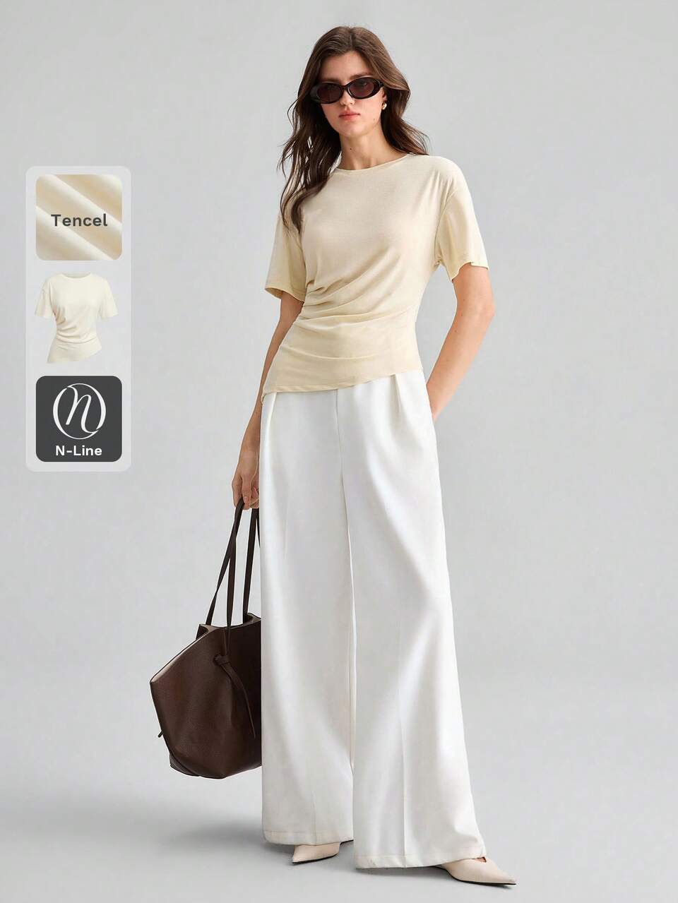 Women's Beige Apricot Comfortable Skin-Friendly Premium Round Neck Regular Shoulder Short Sleeve Waist Pleated Modern Vacation Beach Bohemian Style Vacation Outfit Country Music Concert Western Style Casual Fashion Low-Key Old Money Style Minimalist Quiet Luxury Texture Essential Outfit Fashion Business Casual Urban Women's Clothing Office Wear Urban Commute High Quality Airport Women's Clothing All Season Versatile Women's T-Shirt