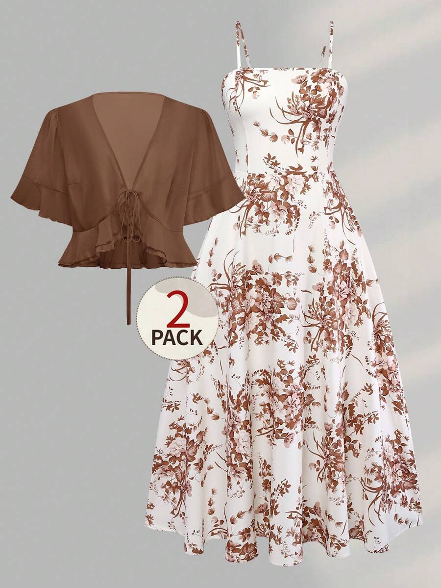 Franclia 女款大尺碼印花洋裝兩件套,雪紡上衣與開襟衫,純色荷葉邊短款開襟衫,玫瑰花卉細肩帶洋裝,春夏秋季,精緻開襟衫上衣與細肩帶洋裝兩件套,女裝套裝 - 彩色 - 查看 1