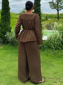 Dazy Plus Brown Lace-Up Waist Top And Wide Leg Pants Casual Long Sleeve Two Pieces Set For Spring, Summer And Early Autumn - Brown - View 2