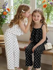 SHEIN Elladie kids 春夏女童 4 件套黑白波點細肩帶背心與寬腿褲套裝，適合日常穿著、週末出遊、家庭聚會等多種場合 - 黑與白 - 查看 8