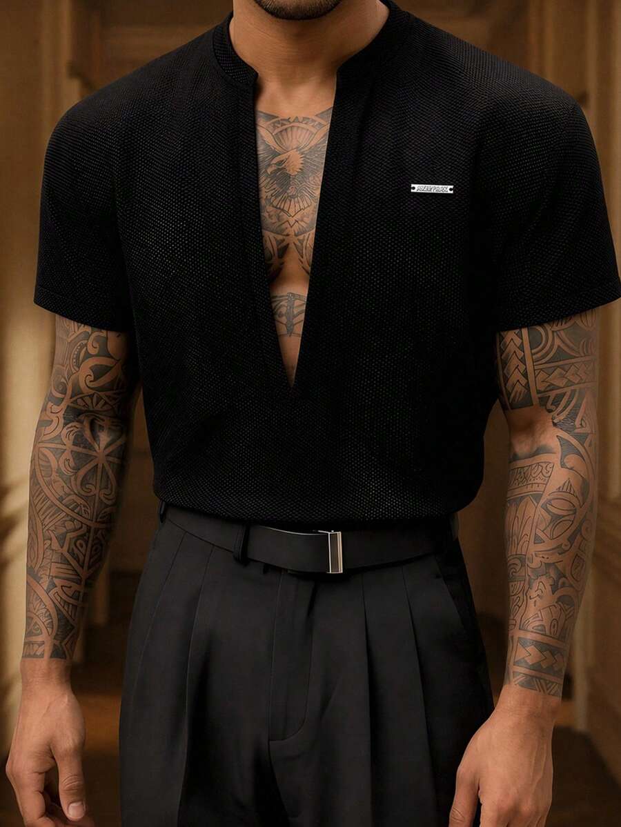 SIGLOCORE 男士休閒百搭刺繡短袖 Polo 衫 - 黑色 - 查看 1