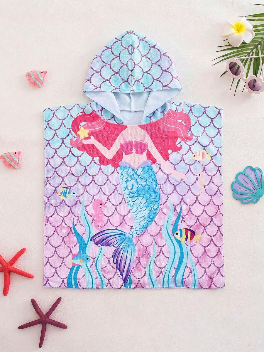 SHEIN Baby Girl Cartoon Mermaid Print Hooded Swimsuit, Summer Beach Vacation - Blue - View 1