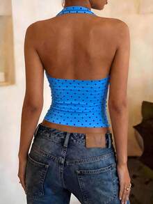 Elenzga Plus Size Polka Dot Print Backless Halter Tank Top - Multicolor - View 2