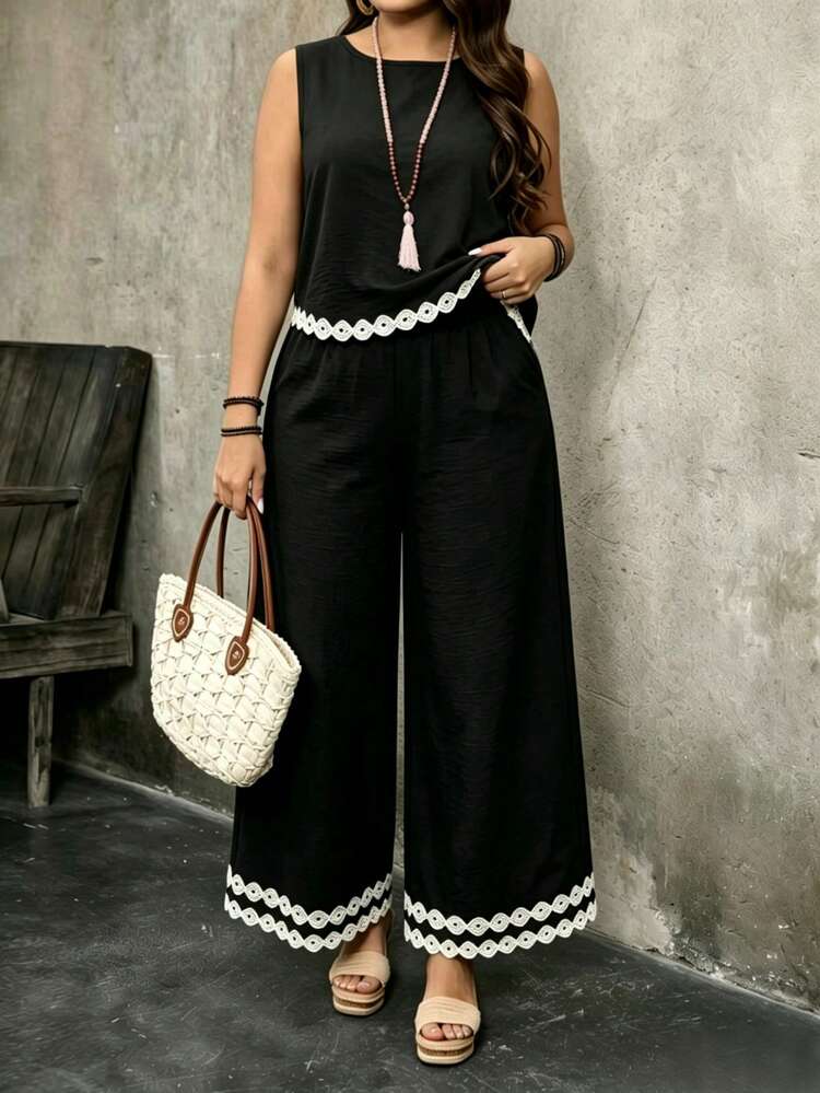 EMERY ROSE Plus-Size Women's Summer New Style Sleeveless Top With Color-Contrast Lace Hem And Elastic Waist Wide-Leg Pants With Color-Contrast Lace Splicing Two Pieces Set, Suitable For Daily Wear, Color-Contrast Suit, Summer Women's Suit, Suitable For Vacation And Casual Wear - Black - View 3