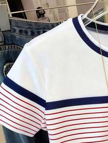 Baby Girls Casual Comfortable Fashion Minimalist Striped Bow Pattern Print T-Shirt, Casual Style Short Sleeve Top With Striped Contrast Color, Suitable For Spring Summer Autumn Daily Wear - Multicolor - View 5