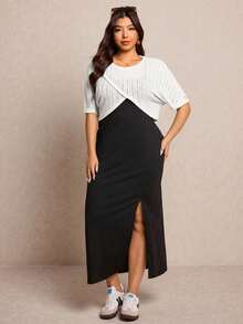 Elaquor Plus Size Women Solid Color Split Design Cami Dress And Top Casual Daily 2-Piece Set - White - View 5