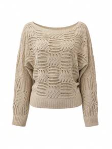 Balvessa Spring Summer Autumn Winter All Season New Wide Neckline Shoulder-Connected Sleeve Ribbed Cuff Pattern Hollow-Out Fashion Casual Women's Pullover Long Sleeve Sweater - Apricot - View 5