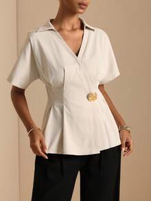Elafinee Women's Spring/Summer Short Sleeve Blouse With Lapel V-Neck, Wrap Waist, Metal Buckle And Ruffle Hem - Khaki - View 3
