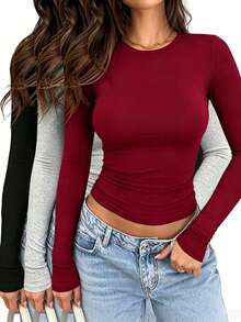 INAWLY Solva Women Solid Color Round Neck Long Sleeve Fitted Casual T-Shirt, Autumn Fall Cloth For Women - Multicolor - View 3