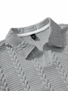 Manfinity Homme 男士V領 Polo 衫，紋理布料與丹寧設計，時尚百搭，舒適適合日常穿著，送給男友或丈夫的理想禮物 - 灰色 - 查看 3