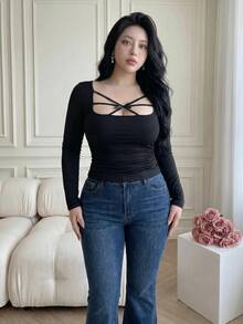 Vibekara Spring, Summer, Fall, New Sweet Vacation Elegant Going Out Tops, Bow, Knit Fabric Contrast Mesh Fabric Lace Trim U-Neck Long Sleeve Women T-Shirt, Slimming Cross Tie Bow Decor Lace Top, Elastic Waist Gathered Design - Black - View 7