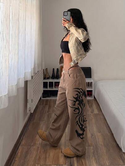 StreetHx Plus Size Fashion Vintage Nostalgic Print Curved Leg Wide Leg Jeans