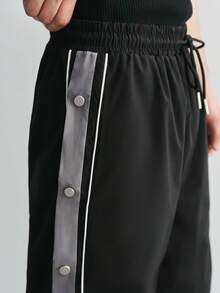 Sonviro 男士休闲运动裤，侧面撞色饰边和纽扣设计，抽绳腰部口袋直筒拼色纽扣休闲运动裤，适合送给丈夫或男朋友的礼物，秋季 - 黑色 - 查看 6
