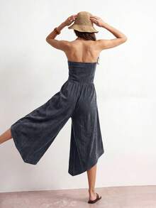 Bohemela Damen Lässig einfarbiger Strick Bandeau-Top & Weite Bein Jumpsuit - Schwarz - Übersicht 2