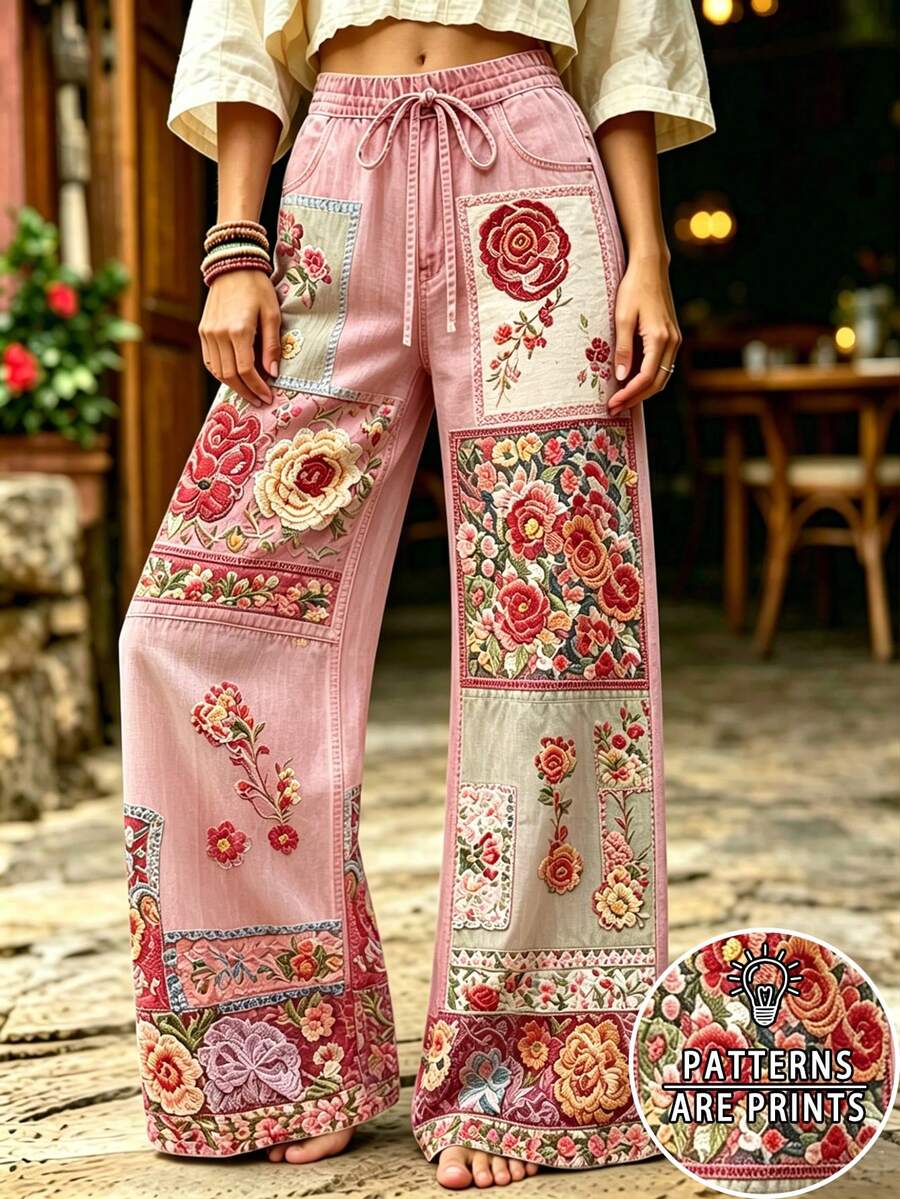 Selamara 波希米亞風花卉仿刺繡拼接粉色寬腿長褲,森林田園風夏季度假休閒長褲 - 彩色 - 查看 1