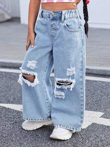 SHEIN 少女休閒百搭日常穿著牛仔褲，附口袋、鈕扣與破洞設計 - 淺色水洗藍 - 查看 3