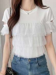 FRIFUL Women's Summer Casual Solid Color Mesh Patchwork T-Shirt - White - View 4
